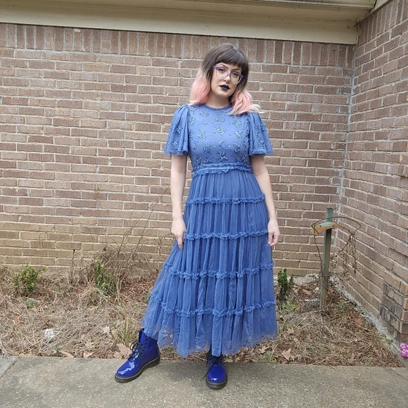 Ivy City Co Blue Anastasia Tiered Beaded Embellished Tulle Maxi Dress Formal - Picture 9 of 13